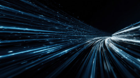 Dynamic light trails create a sense of speed and movement, suggesting a journey through time or a futuristic cityscape. The contrast of light and dark adds depth.の素材