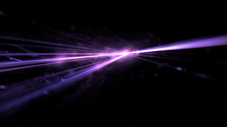 Abstract image featuring purple light streaks emanating from a central point on a black background, creating a sense of speed and energy.の素材