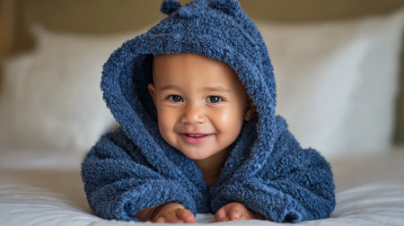 A cute baby wearing a blue hooded towel lies on a bed, smiling at the camera. The background is blurred.の素材