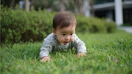 A cute baby crawls on a vibrant green lawn, surrounded by lush greenery, exploring the world with curiosity and joy.の素材