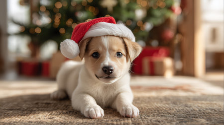 A cute puppy wearing a Santa hat lies in front of a decorated Christmas tree with gifts, capturing the holiday spirit.の素材
