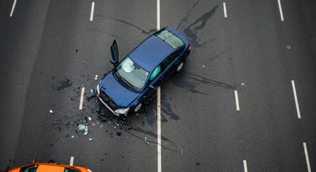 An aerial shot captures the aftermath of a car accident on a highway, with a blue vehicle, scattered debris, and prominent skid marks.の素材