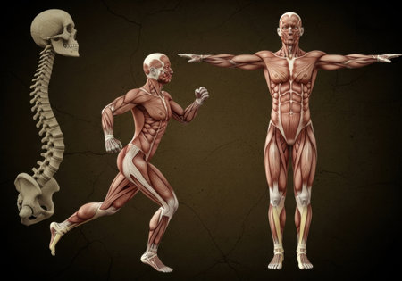 Detailed anatomical illustration showcasing the human muscular and skeletal systems, including a running figure, a standing figure, and a spinal column with a skull.の素材