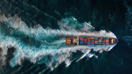 An aerial view showcases a cargo ship cutting through the ocean, creating a dynamic wake of white foam and turquoise water.の素材
