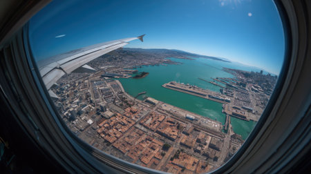 A fisheye view from an airplane window captures the cityscape and bay of San Francisco on a sunny day.の素材