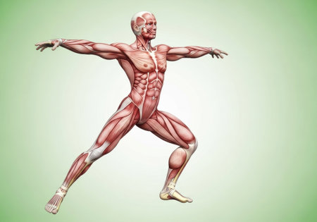 Detailed anatomical illustration showcasing the human muscular system in a dynamic pose, highlighting muscle definition and structure against a soft background.の素材