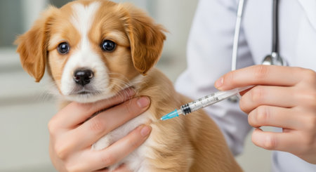 A veterinarian in a white coat holds a cute brown and white puppy while administering a vaccine with a syringe. The focus is on the pets health and preventative medical care.の素材