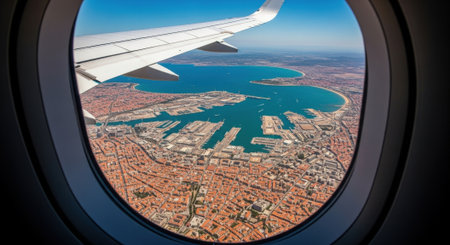 An aerial view from an airplane window shows a city, harbor, and the wing of the plane against a clear blue sky.の素材