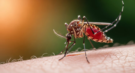 Close-up of an Aedes mosquito feeding on human skin, showing its proboscis piercing the skin to draw blood. The mosquitoes body is engorged with blood.の素材