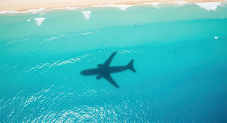 A plane shadow is cast on the turquoise ocean water near the shore, creating a unique visual effect.の素材