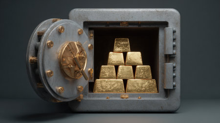 A close up of an old metal safe with its thick round door open. Inside, a pyramid of gold bullion bars shines, symbolizing wealth, investment, and financial security.の素材