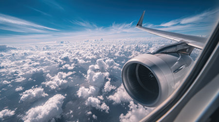 A breathtaking view from an airplane window, showcasing the engine and wing against a backdrop of fluffy clouds and a clear blue sky.の素材
