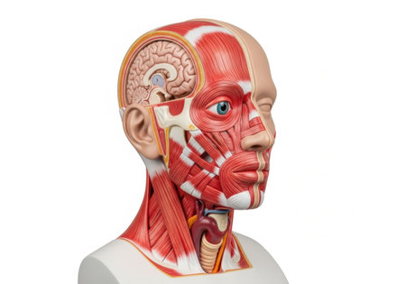 Detailed anatomical model showcasing the muscles, brain, and structure of the human head and neck, ideal for educational purposes.の素材