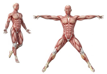 Detailed anatomical illustration of the human muscular system on two male figures, one in a dynamic pose and the other in a jumping jack position.の素材