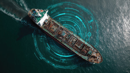 An aerial shot of a cargo ship sailing in open water, enhanced with digital effects creating a futuristic or technological feel.の素材
