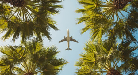 A low-angle shot of an airplane soaring above lush green palm trees, set against a vibrant blue sky, evoking feelings of summer, holidays, and exotic destinations.の素材