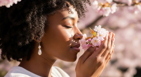 A beautiful African American woman with curly hair closes her eyes and smiles as she gently smells delicate pink cherry blossoms, enjoying the arrival of spring.の素材