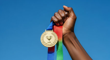 A triumphant moment captured as a hand raises a first-place gold medal against a clear blue sky. The focus is on the award, symbolizing achievement and success.の素材