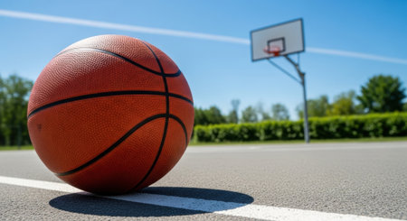 A basketball rests on a court, with a hoop and trees in the background, under a clear blue sky. The image captures a sunny day.の素材