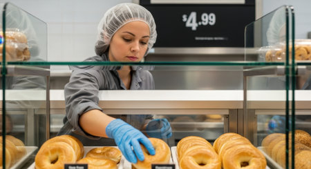 A bakery worker wearing gloves and a hairnet arranges fresh bagels in a glass display case at a grocery store.の素材