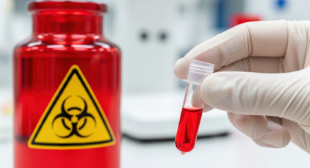 A gloved hand holds a blood-filled vial next to a biohazard-labeled container, complying with safety protocols in medical waste management and laboratory procedures.の素材