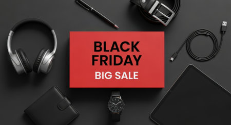 Overhead shot of a Black Friday sale promotion surrounded by tech gadgets and accessories on a dark surface, perfect for advertising.の素材