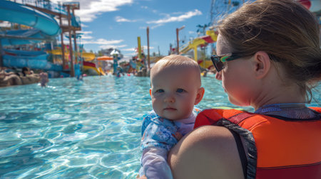 A mother holds her baby in a water park, both enjoying a sunny day of aquatic fun and creating lasting memories.の素材