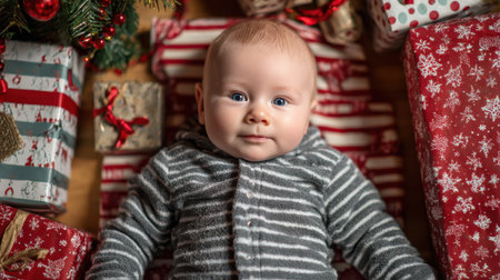A cute baby lies among wrapped Christmas presents on a red and white striped blanket, looking directly at the camera with a curious expression.の素材