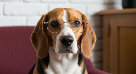 A charming beagle dog wearing round glasses, sitting on a red chair, looking directly at the camera with a curious and intelligent expression. The background is a blurred white brick wall.の素材
