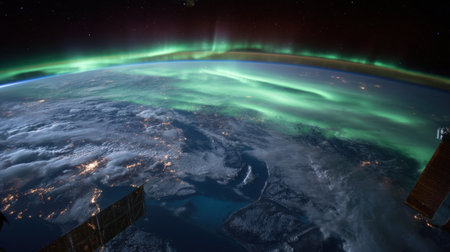 A breathtaking view of the Aurora Borealis, captured from space, showcasing the vibrant green lights dancing above the Earth's atmosphere.の素材