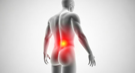 An illustration of a human figure with a highlighted red area on the lower back, indicating back pain or discomfort.の素材