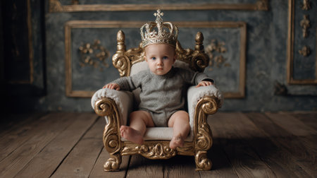 A baby sits royally on a golden throne, wearing a crown, embodying innocence and power in a whimsical portrait.の素材