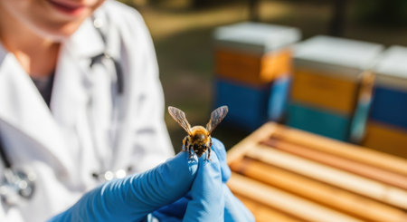 A beekeeper in a white lab coat and blue gloves carefully examines a bee, with beehives visible in the background.の素材