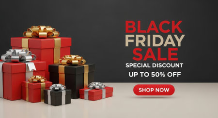 A Black Friday sale advertisement featuring a stack of gift boxes with ribbons and a promotional message for special discounts up to 50 off.の素材
