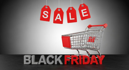 A promotional image for Black Friday sales featuring a shopping cart, sale tags, and the text Black Friday in a bold, eye-catching design.の素材