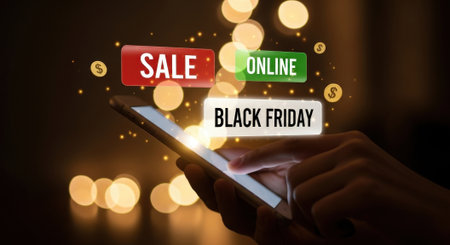 A person uses a smartphone to shop for Black Friday deals online. Glowing signs for sale and online shopping float above the screen with a bokeh light background.の素材