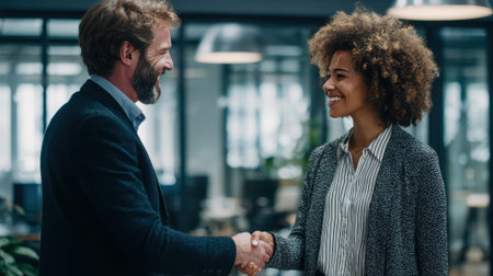 A man and woman in business attire shake hands, smiling in a bright, contemporary office. The scene conveys collaboration and success.の素材