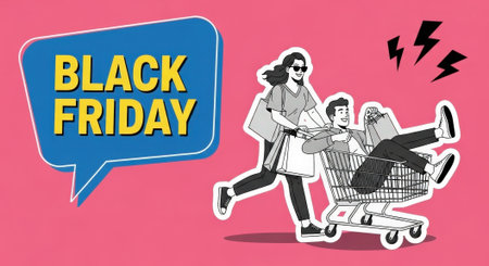 A woman pushes a man in a shopping cart during a Black Friday sale, with a speech bubble saying Black Friday and lightning bolts above.の素材