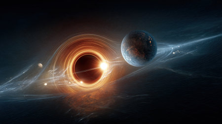 A stunning illustration of a black hole warping space-time with a nearby planet, showcasing the immense gravitational forces and cosmic phenomena.の素材