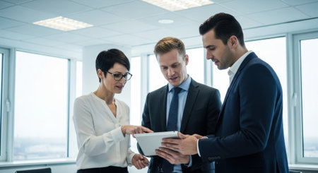 Three business professionals collaborate in a bright office, reviewing data and discussing strategies on a tablet device, showcasing teamwork and modern technology.の素材