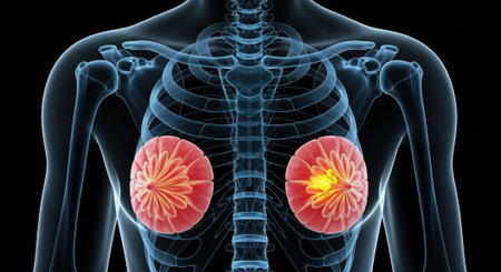 Detailed medical illustration showing breast cancer with tumor growth, highlighting the skeletal structure and internal mammary glands affected by the disease.の素材