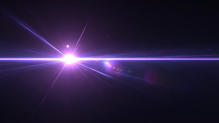 A vibrant purple lens flare emanates from a bright light source, creating a dramatic effect against a dark backdrop.の素材