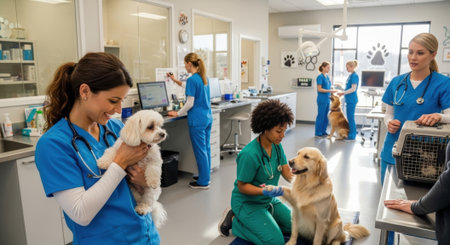 A bustling veterinary clinic with several veterinarians and vet technicians attending to dogs. One vet holds a small white puppy, while another tends to a golden retriever.の素材