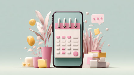 A smartphone displays a calendar app surrounded by pastel-colored decorations, gifts, and abstract shapes, creating a visually appealing and organized digital planning concept.の素材