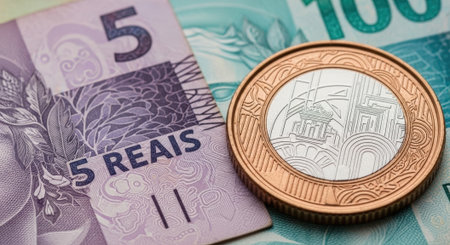 A close-up shot of Brazilian currency featuring a five Reais note and a one Real coin, showcasing financial elements.の素材