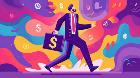 A determined businessman strides forward, briefcase in hand, amidst a vibrant, abstract backdrop symbolizing the pursuit of wealth and financial success.の素材