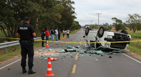 A car accident scene shows an overturned vehicle with shattered glass, cordoned off by police tape, with officers and onlookers present.の素材