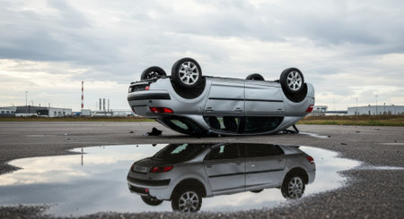 A silver car is flipped upside down, its reflection visible in a large puddle, creating a surreal and dramatic scene on a cloudy day.の素材