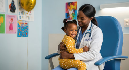 A compassionate pediatrician warmly embraces a cheerful young girl during her medical checkup, fostering a sense of trust and comfort in the clinic.の素材