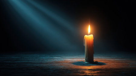 A single candle burns brightly in the darkness, casting a warm glow and symbolizing hope, remembrance, and the enduring power of light against adversity.の素材